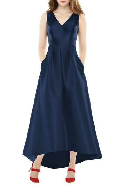 Shop Alfred Sung Satin High/low Gown In Midnight