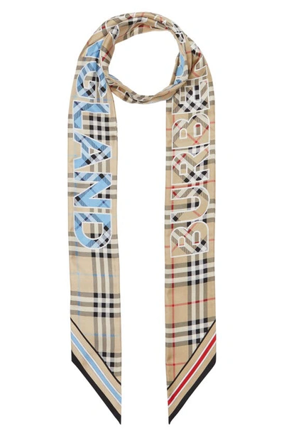 Shop Burberry Vintage Check Logo Reversible Silk Skinny Scarf In Archive Beige