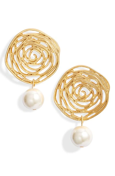 Shop Karine Sultan Flower Swirl Cultured Pearl Drop Earrings In Gold