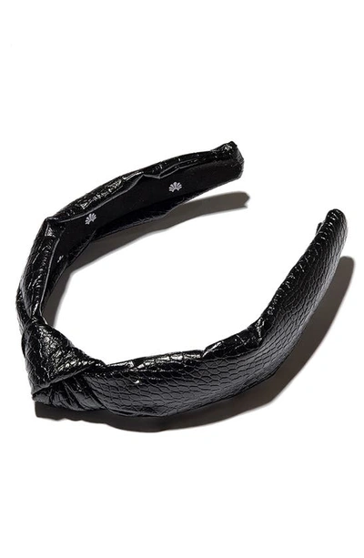 Shop Lele Sadoughi Croc Embossed Knotted Headband In Jet