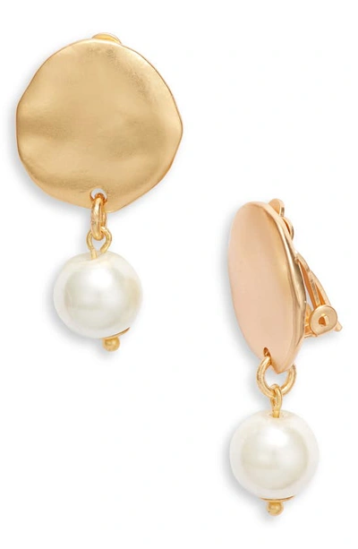 Shop Karine Sultan Hammered Disc Imitation Pearl Clip-on Drop Earrings In Gold