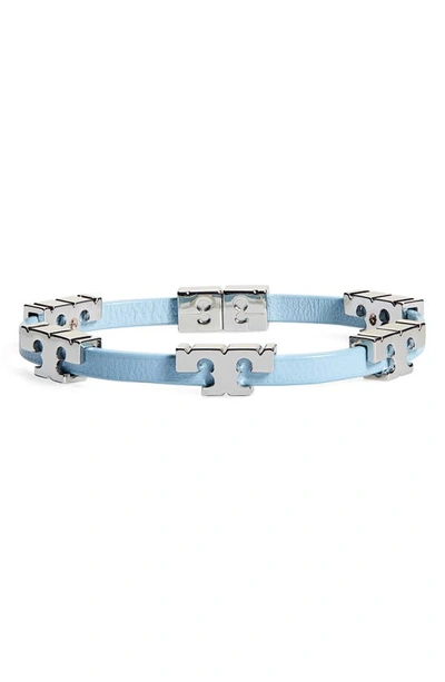 Shop Tory Burch Serif-t Croc-embossed Leather Single Wrap Bracelet In Tory Silver / Floral Blue