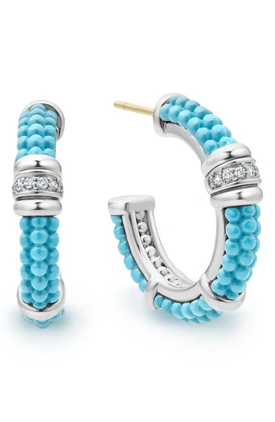 Shop Lagos Blue Caviar Diamond Hoop Earrings In Blue Ceramic/ Silver