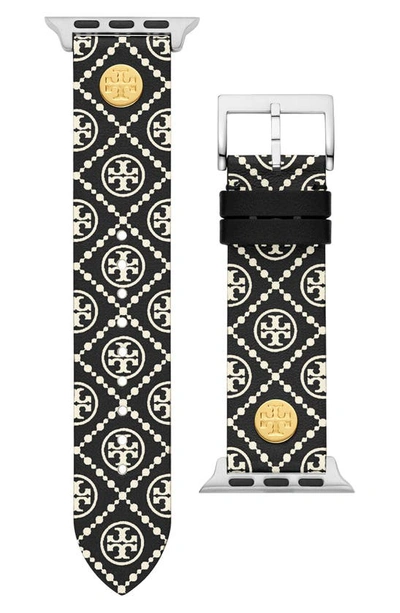 Shop Tory Burch The Monogram Print Leather Band For Apple® Watch, 38mm/40mm In Black