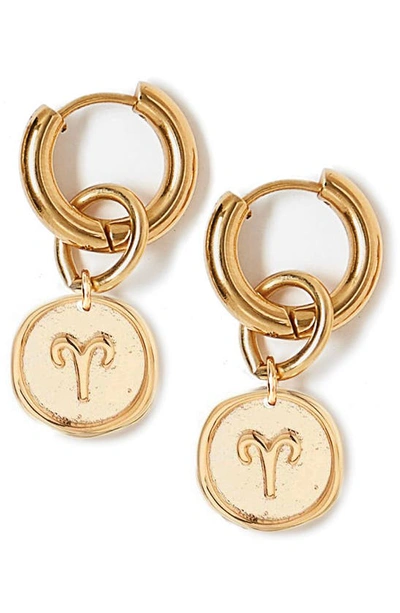 Shop Tess + Tricia Zodiac Drop Huggie Hoop Earrings In Gold - Aries
