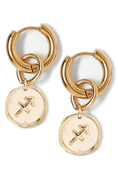 Shop Tess + Tricia Zodiac Drop Huggie Hoop Earrings In Gold - Sagittarius