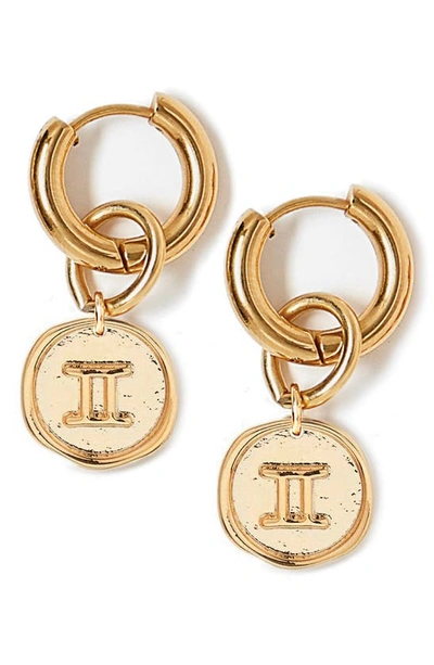 Shop Tess + Tricia Zodiac Drop Huggie Hoop Earrings In Gold - Gemini
