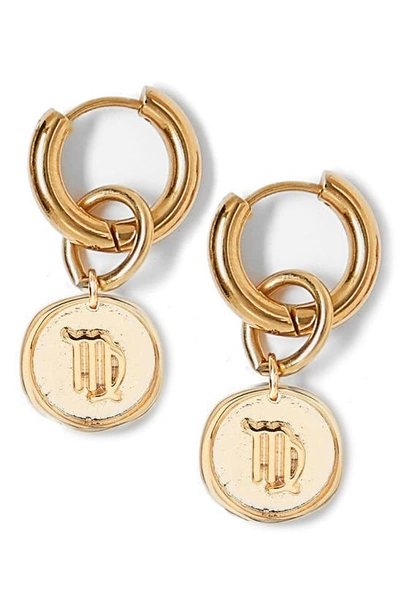 Shop Tess + Tricia Zodiac Drop Huggie Hoop Earrings In Gold - Virgo
