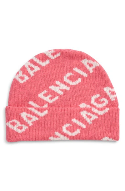 Shop Balenciaga Logo Jacquard Wool Beanie In Pink/ White