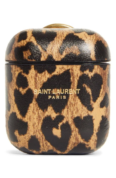 Shop Saint Laurent Leopard Heart Print Leather Airpods Case In Toffe/m.nat/blk Matt