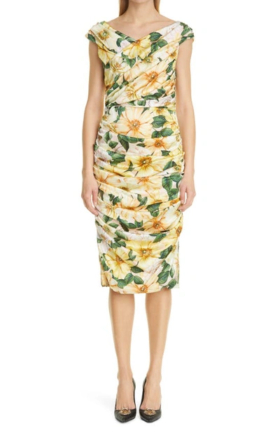Shop Dolce & Gabbana Floral Ruched Silk Cocktail Midi Dress In Yellow Camellia