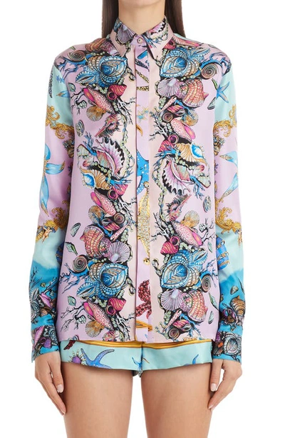 Shop Versace Tresor De La Mer Print Silk Twill Blouse In Light Blue Multi