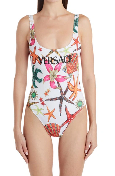 Shop Versace Trésor De La Mer Logo One-piece Swimsuit In Bianco Multicolor