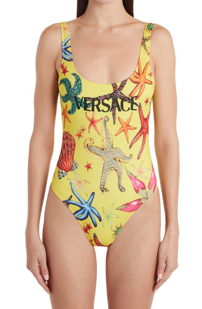 Shop Versace Tresor De La Mer Logo One-piece Swimsuit In Giallo Multicolor