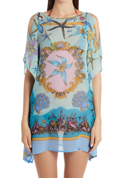 Shop Versace Tresor De La Mer Silk Cover-up Tunic In Azzurro Blu Multicolor