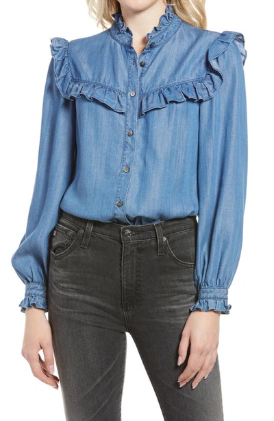 Shop Rebecca Minkoff Linda Ruffle Chambray Button-up Top In Medium Wash Blue