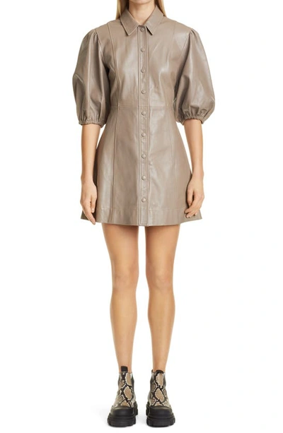 Shop Ganni Lambskin Leather Shirtdress In Fossil