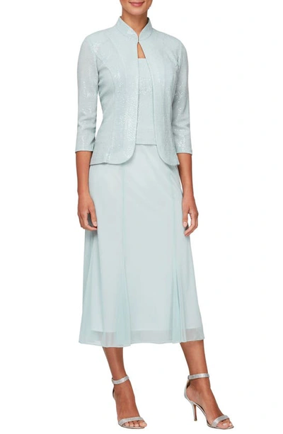 Shop Alex Evenings Sparkle Mock Two-piece Midi Cocktail Dress With Jacket In Mint