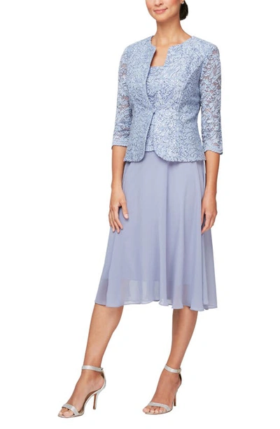 Shop Alex Evenings Mock Two-piece Lace Midi Cocktail Dress With Jacket In Lavender