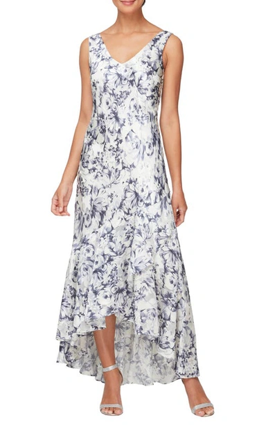 Shop Alex Evenings Floral Print Chiffon Gown With Jacket In Ivory/ Purple