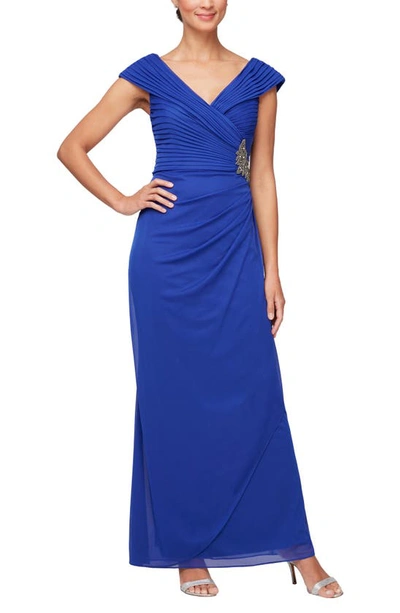 Shop Alex Evenings Sparkle Applique Pleated Column Gown In Royal