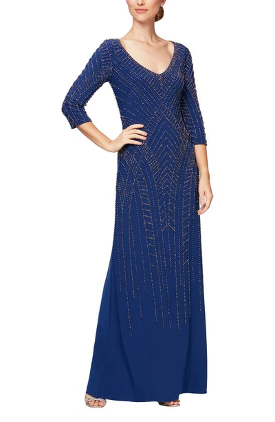 Shop Alex Evenings Beaded Jersey A-line Gown In Bright Blue