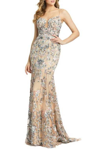 Shop Mac Duggal Floral Embroidered Chiffon Trumpet Gown In Nude Multi