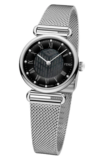 Shop Fendi Palazzo Diamond Marker Mesh Strap Watch, 29mm In Black/ Stainless Steel