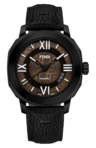 Shop Fendi Selleria Leather Strap Watch, 42mm In Black/ Brown/ Black