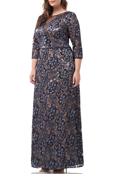 Shop Js Collections Embroidered A-line Gown In Navy Silver