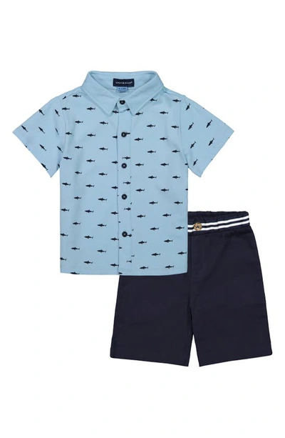 Shop Andy & Evan Shark Print Button-up Shirt & Shorts Set In Light Blue