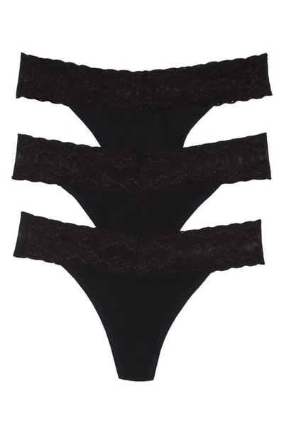 Shop Natori Bliss 3-pack Perfection Lace Trim Thongs In Black