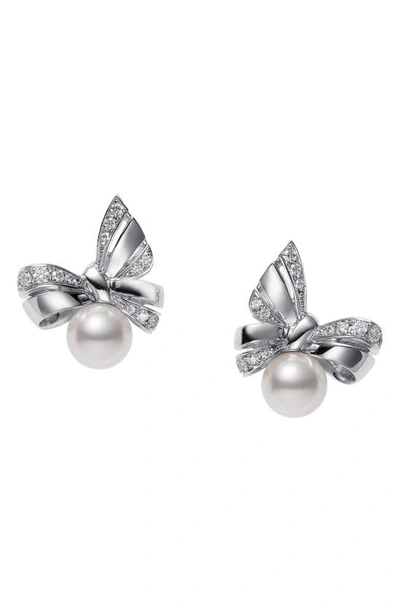 Shop Mikimoto Ribbon Diamond & Pearl Stud Earrings In White Gold/ Pearl