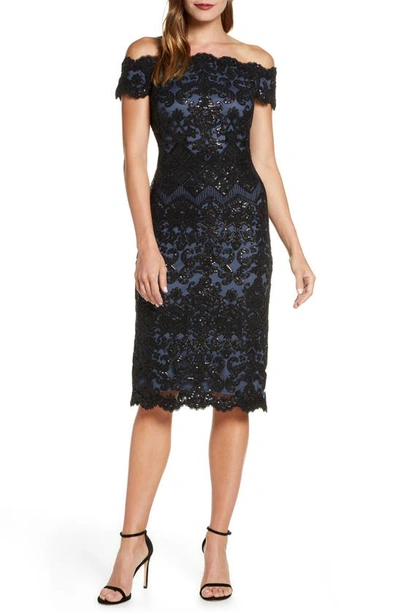 Shop Tadashi Shoji Off The Shoulder Sequin Lace Cocktail Dress In Black Navy