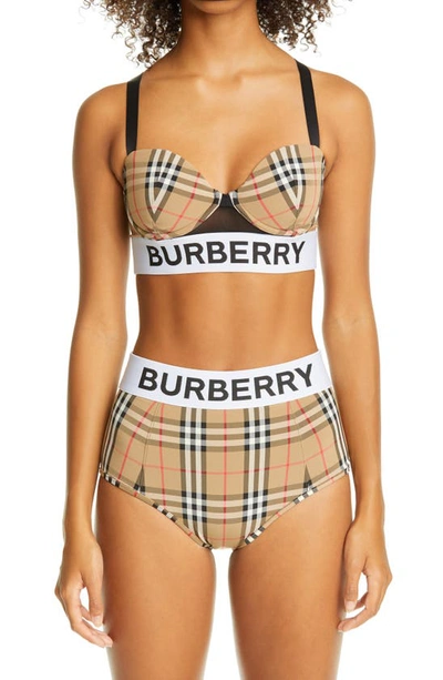 Shop Burberry Tessa Logo Tape Check High Waist Bikini Bottoms In Archive Beige Ip Chk