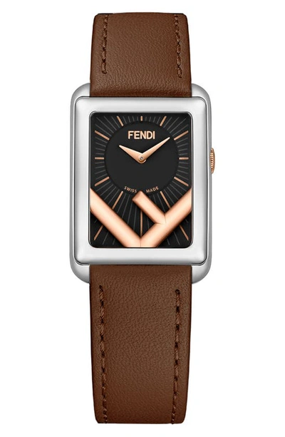 Shop Fendi Run Away Rectangle Leather Strap Watch, 22.5mm X 32mm In Brown/ Black/ Silver