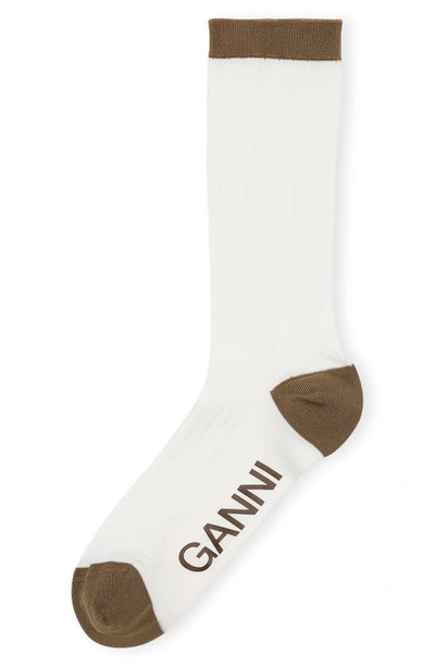 Shop Ganni Logo Cotton Blend Crew Socks In Egret