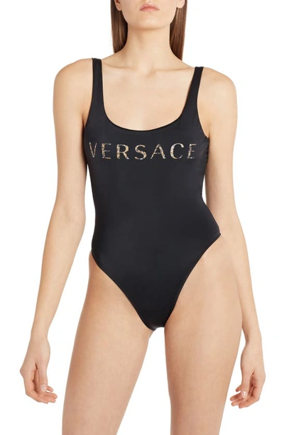Shop Versace Logo One-piece Swimsuit In Black