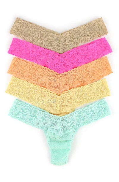 Shop Hanky Panky 5-pack Low Rise Lace Thongs In Sand/ Pink/ Orange