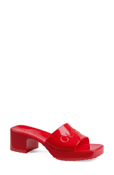 Shop Gucci Rubber Logo Platform Slide Sandal In Hibiscus Red