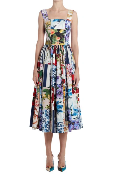Shop Dolce & Gabbana Patchwork Print Cotton Poplin Fit & Flare Midi Dress In Multi