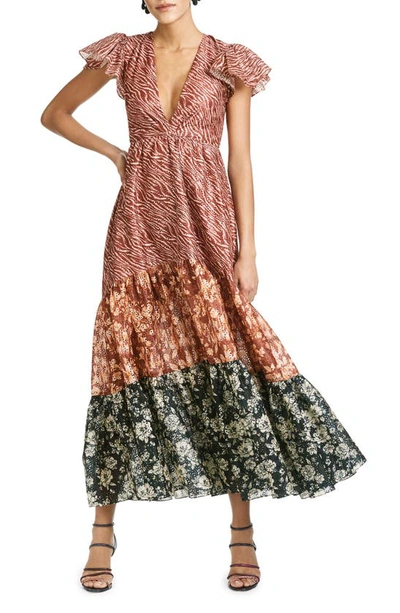 Shop Sachin & Babi Lori Mixed Print Eyelet Maxi Dress In Burgundy Zebra