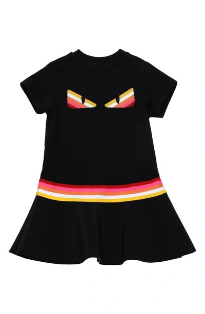 Shop Fendi Kids' Monster Eyes Embroidered Drop Waist Dress In Black