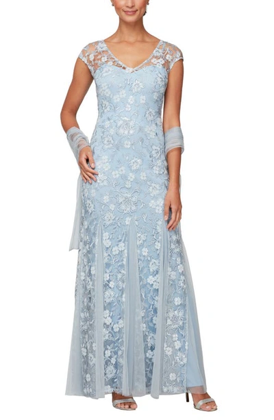 Shop Alex Evenings Floral Embroidered A-line Gown With Shawl In Light Blue