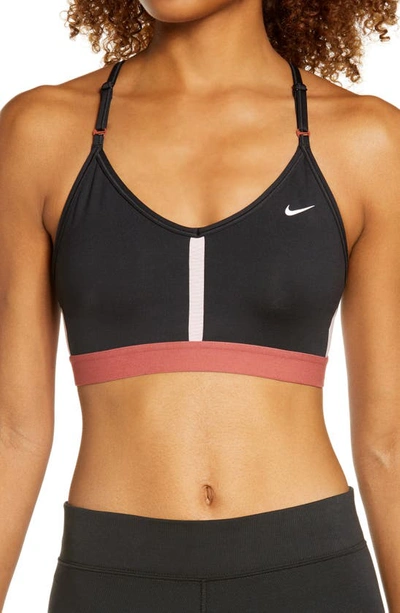 Shop Nike Indy Mesh Inset Sports Bra In Black/ Pink Glaze/ Rust