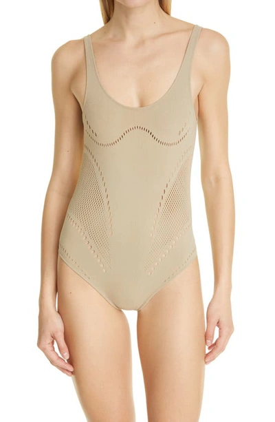 Shop Stella Mccartney Stellawear Perforated One-piece Swimsuit In Light Khaki