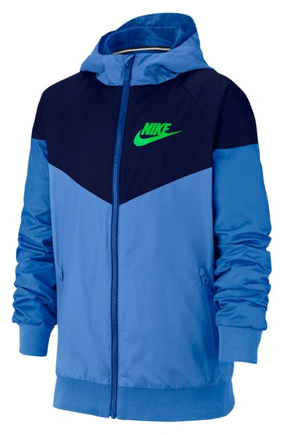 Shop Nike Windrunner Water Resistant Hooded Jacket In Pacific Blue/ Blue Void/ Green