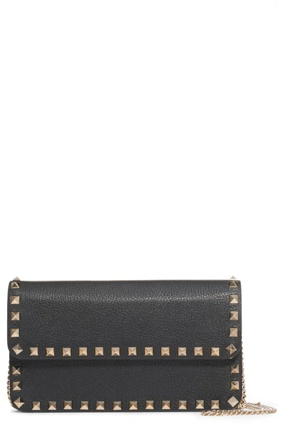 Shop Valentino Rockstud Leather Wallet On A Chain In Nero