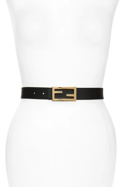 Shop Fendi Logo Buckle Reversible Calfskin Leather Belt In Black/ Pink Bourbon/ Soft Gold