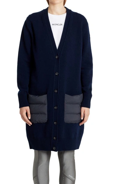 Shop Moncler Quilted Down & Wool Long Cardigan In Navy